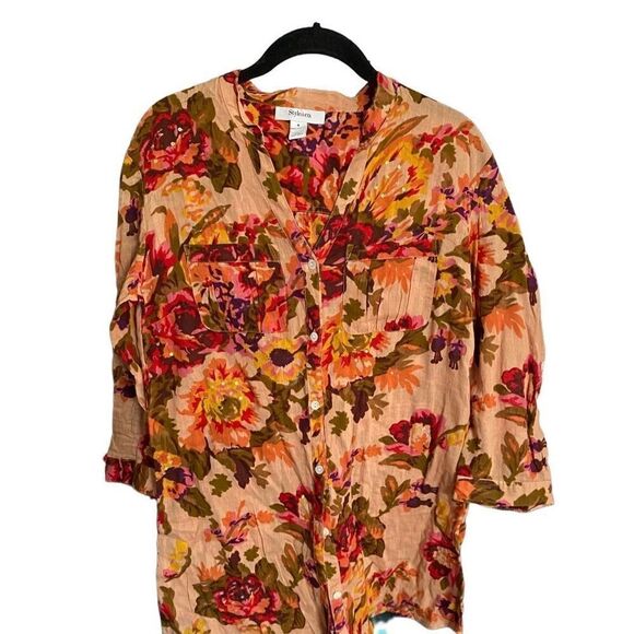 Style &co women’s button up floral, print Blouse/2cneq/swimsuit cover size 8 - Picture 3 of 6